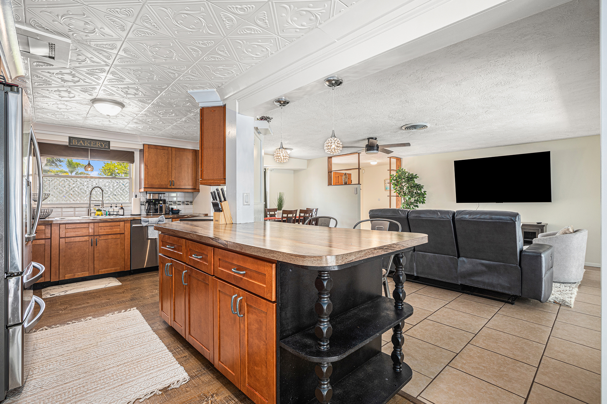 Kitchen island and living area