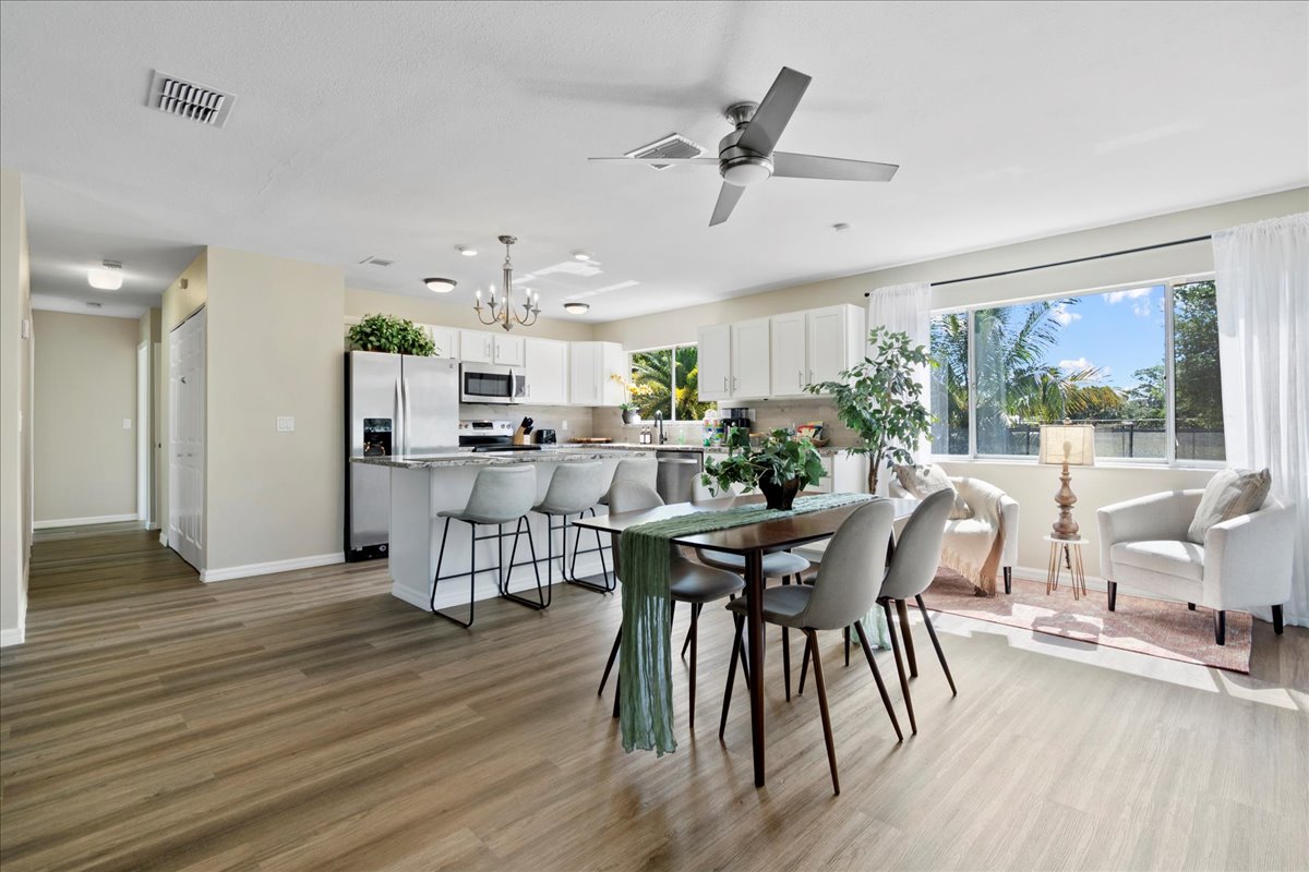 Kitchen, dining and living area